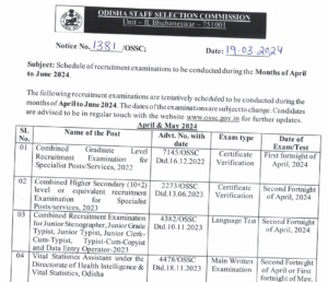 OSSC Exam Calender April to June Month 2024