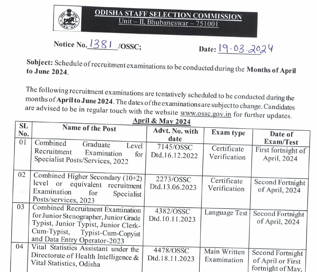 Odisha Study Point OSSC Exam Calender April to June Month 2024